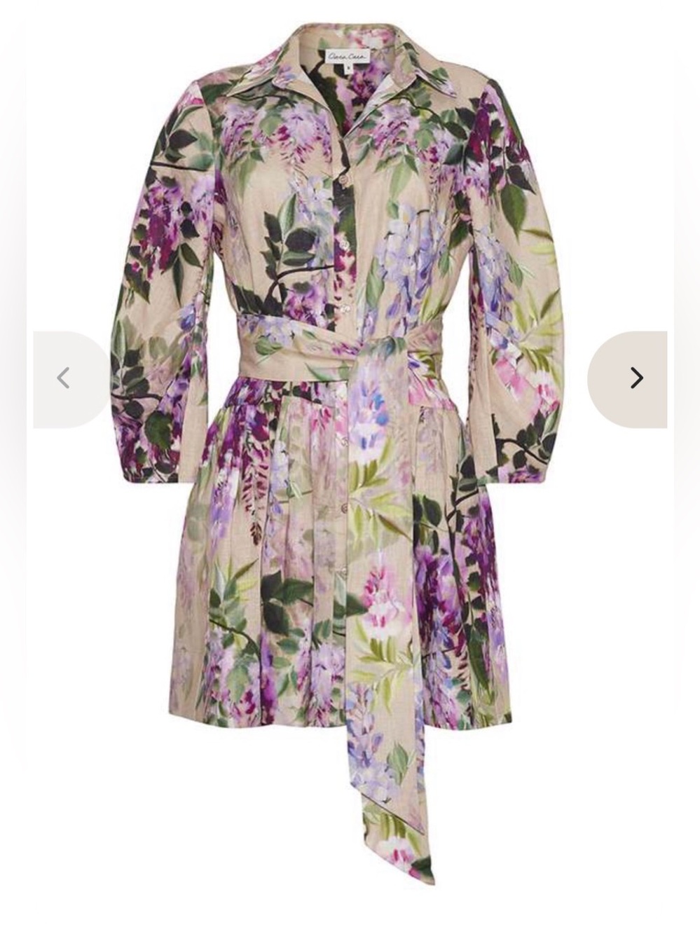 Cara Cara Cream Floral Tie-Waist Shirt Dress with Lavender and Green Print
